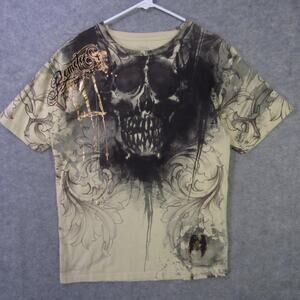 Remetee Shirt Mens Medium Beige Skull Graphic Gothic Gold Foil T-Shirt Tee
